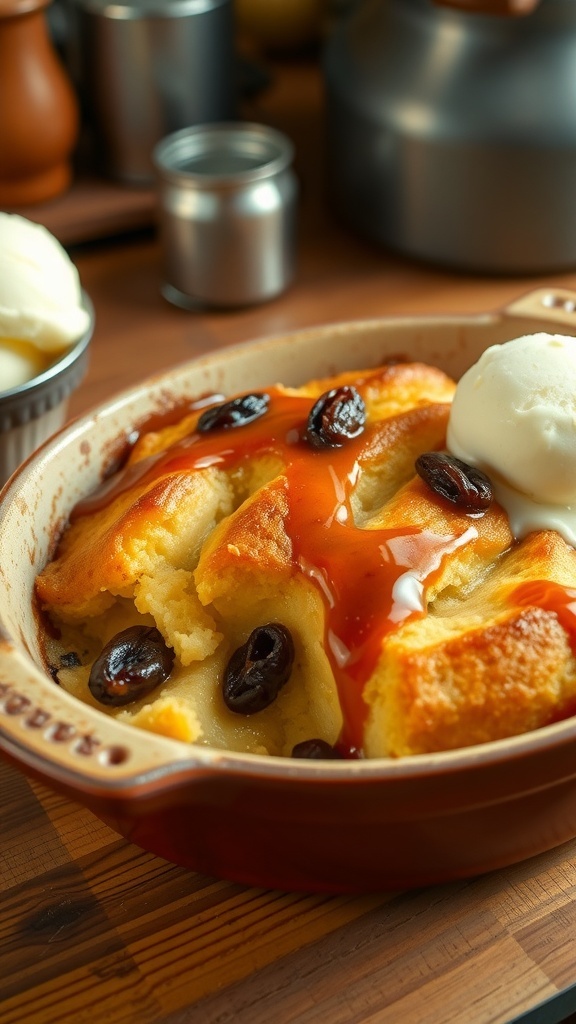 A delicious bread pudding topped with caramel sauce and raisins, served in a rustic dish with ice cream on the side.